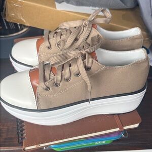 New Beige canvas platform sneakers with White Toe Cap - Casual Women’s Shoes